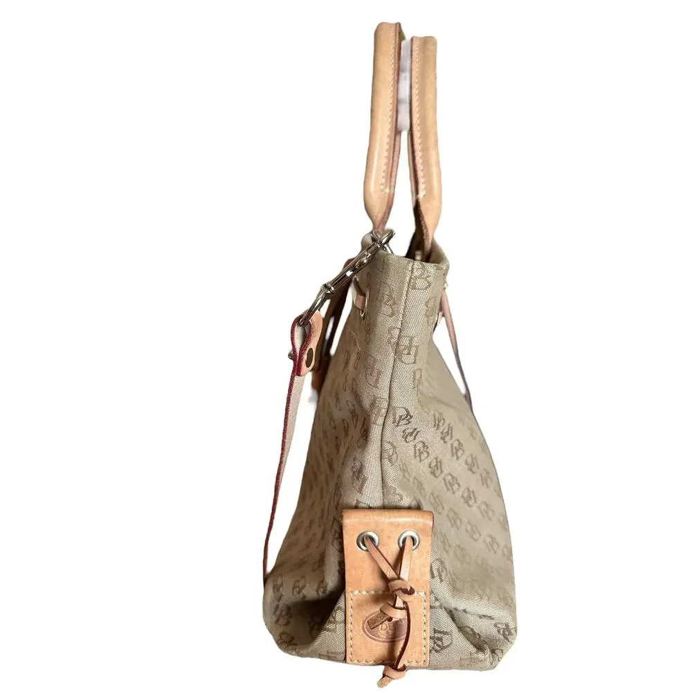 Dooney & Bourke Canvas Leather Monogram Shoulder Handbag Beige Tassel Snap